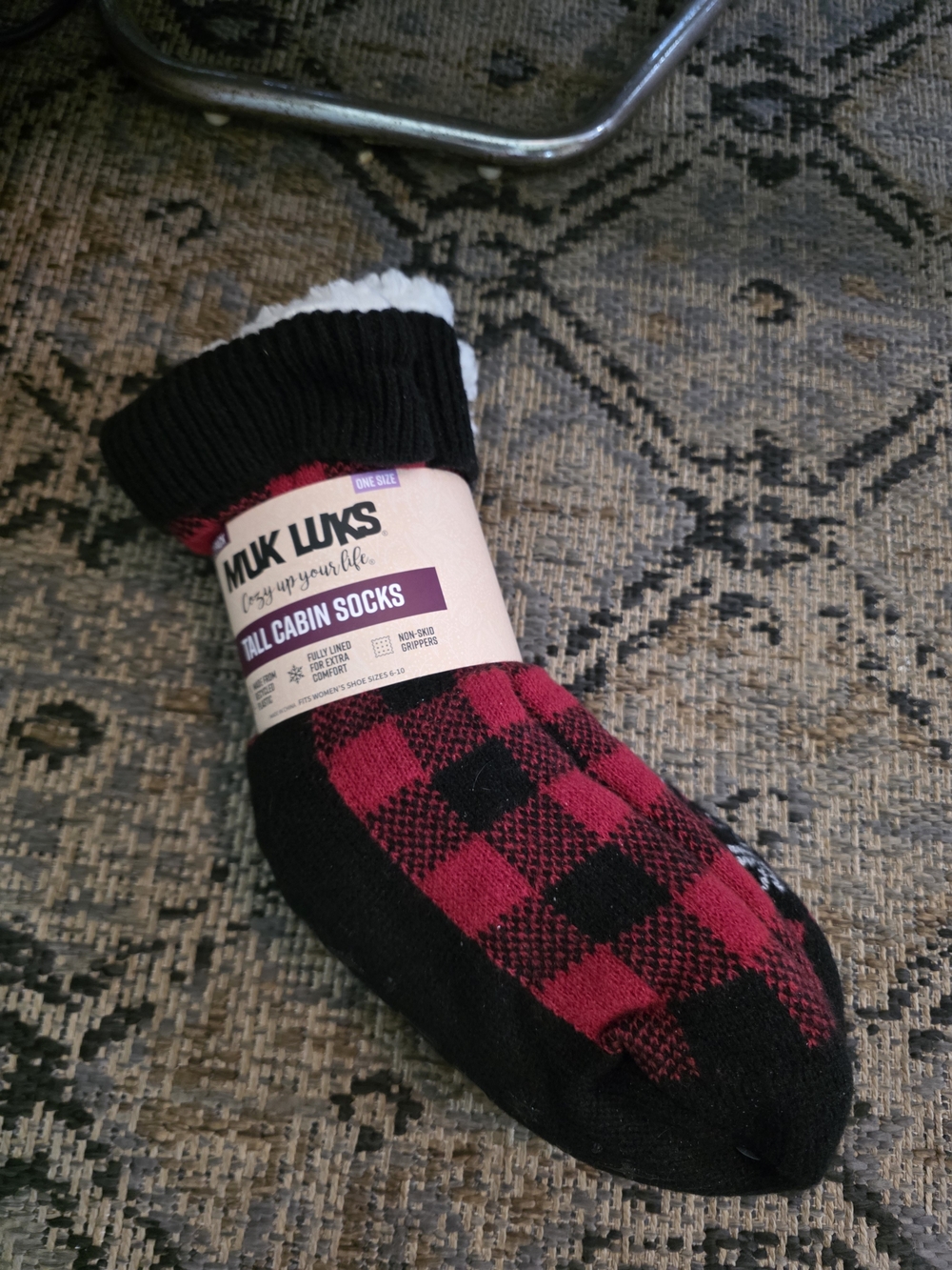 Muk Luks Tall Cabin Socks - Black & Red Buffalo Check